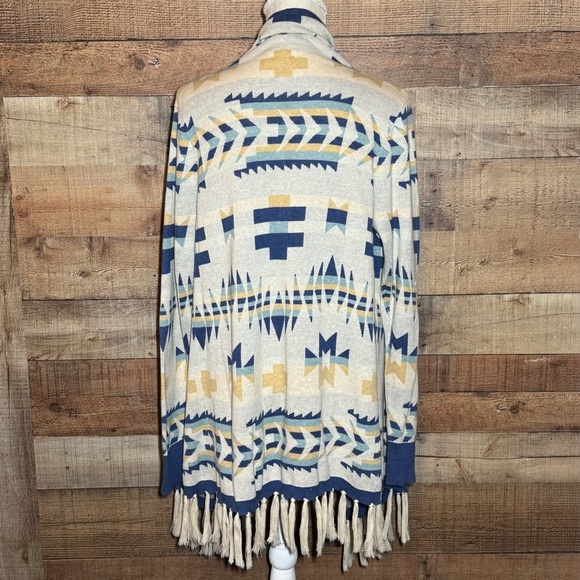Tasha Polizzi Southwest Aztec Fringe Beige Knit Cardigan Duster Jacket Size S - Picture 3 of 8